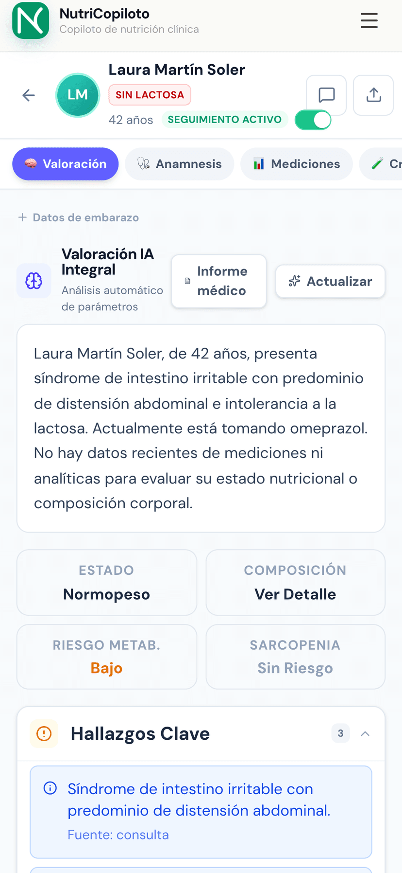 Ficha del paciente con valoración IA